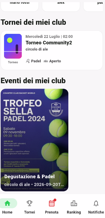 Schermata reale OUT4 con tornei ed eventi del club